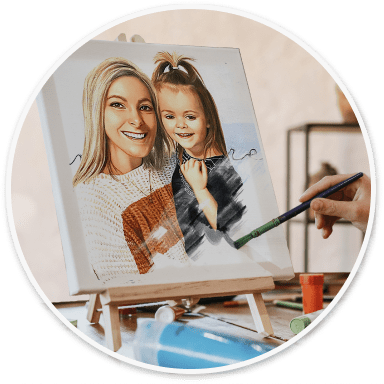 An artist hand-painting the portrait on an easel